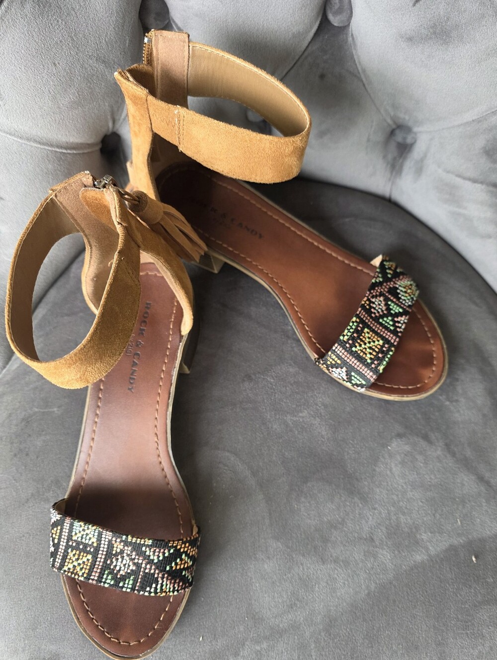 Rock & Candy Brown Beaded Ankle Strap Block Heel Sandals Low Heel Dressy Casual